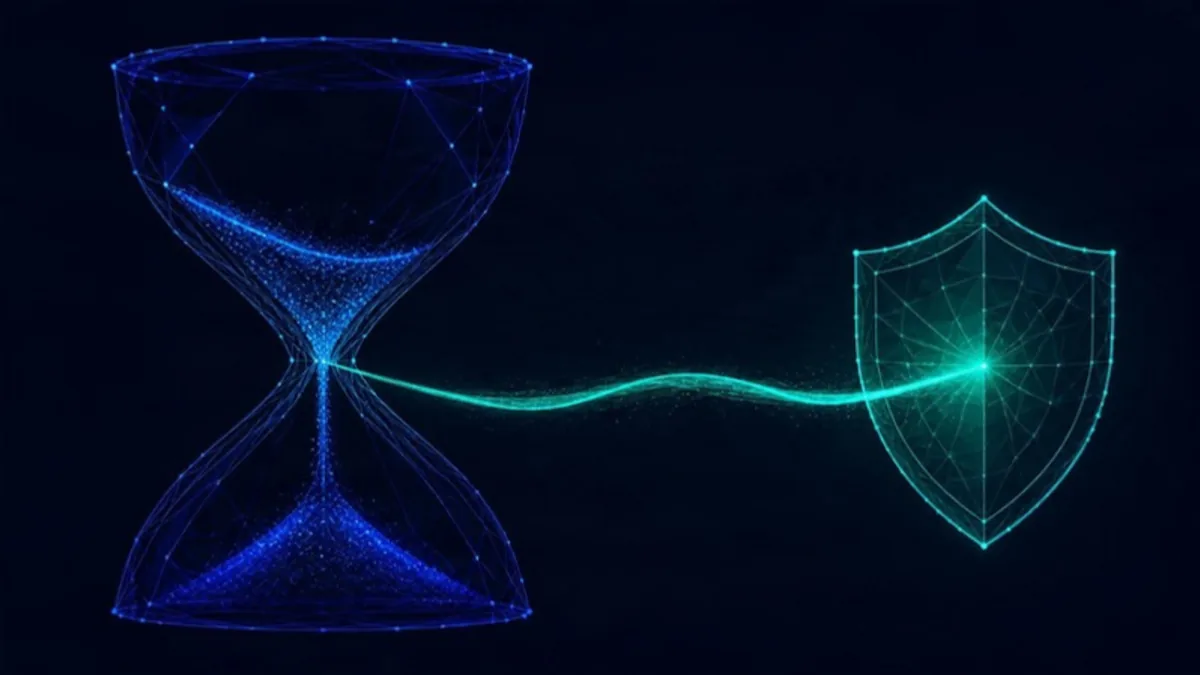 Abstract editorial illustration of an hourglass drawn in thin lines with one bright thread passing through it, representing the fixed 30-day filing window