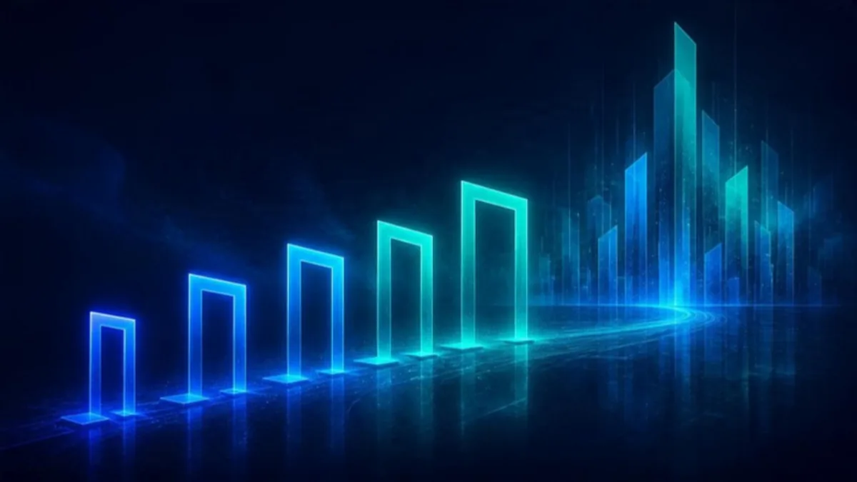 Abstract editorial illustration of two routes converging on a single gateway
