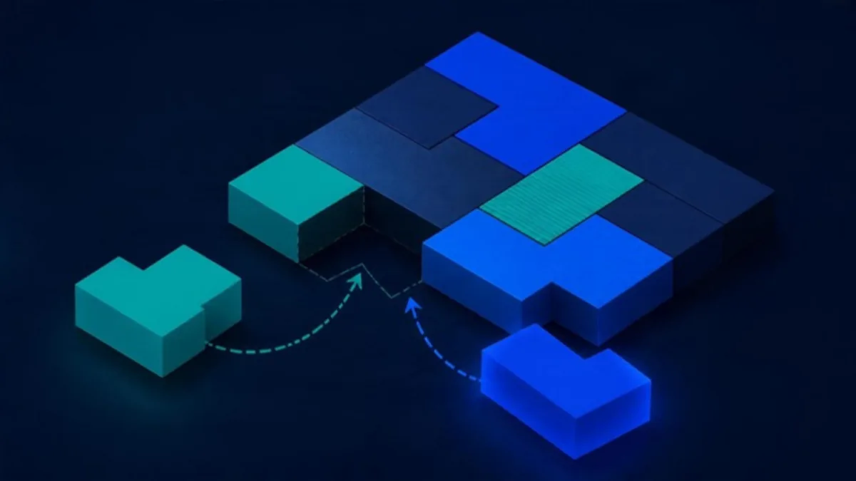 Abstract editorial illustration of interlocking blocks forming a plan that shifts as new pieces are added