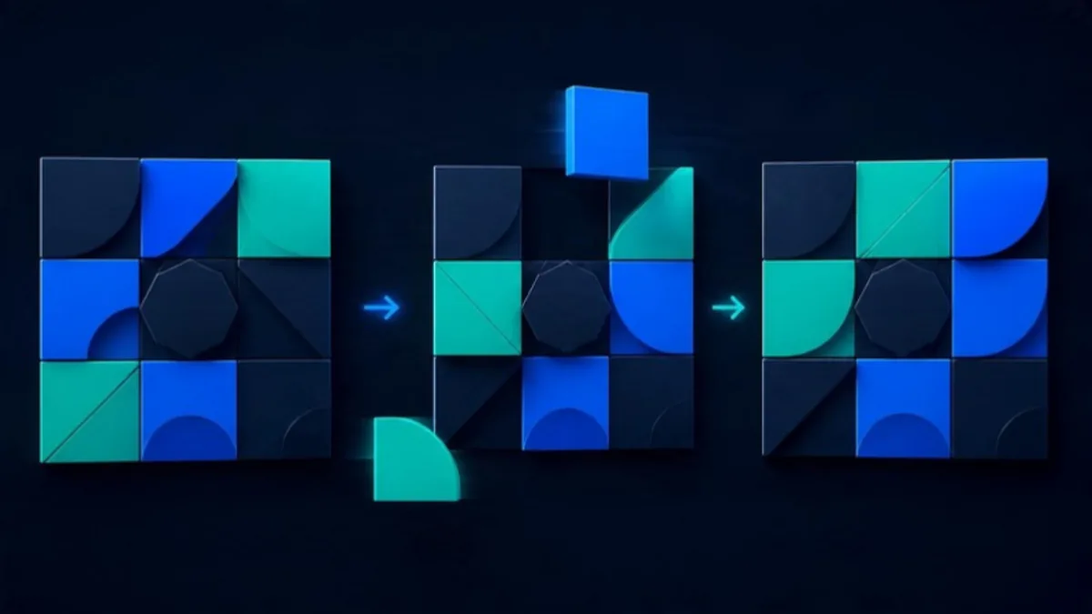 Abstract illustration of nine interlocking panels, a few of them shifting position, representing how a business model template changes as a startup matures