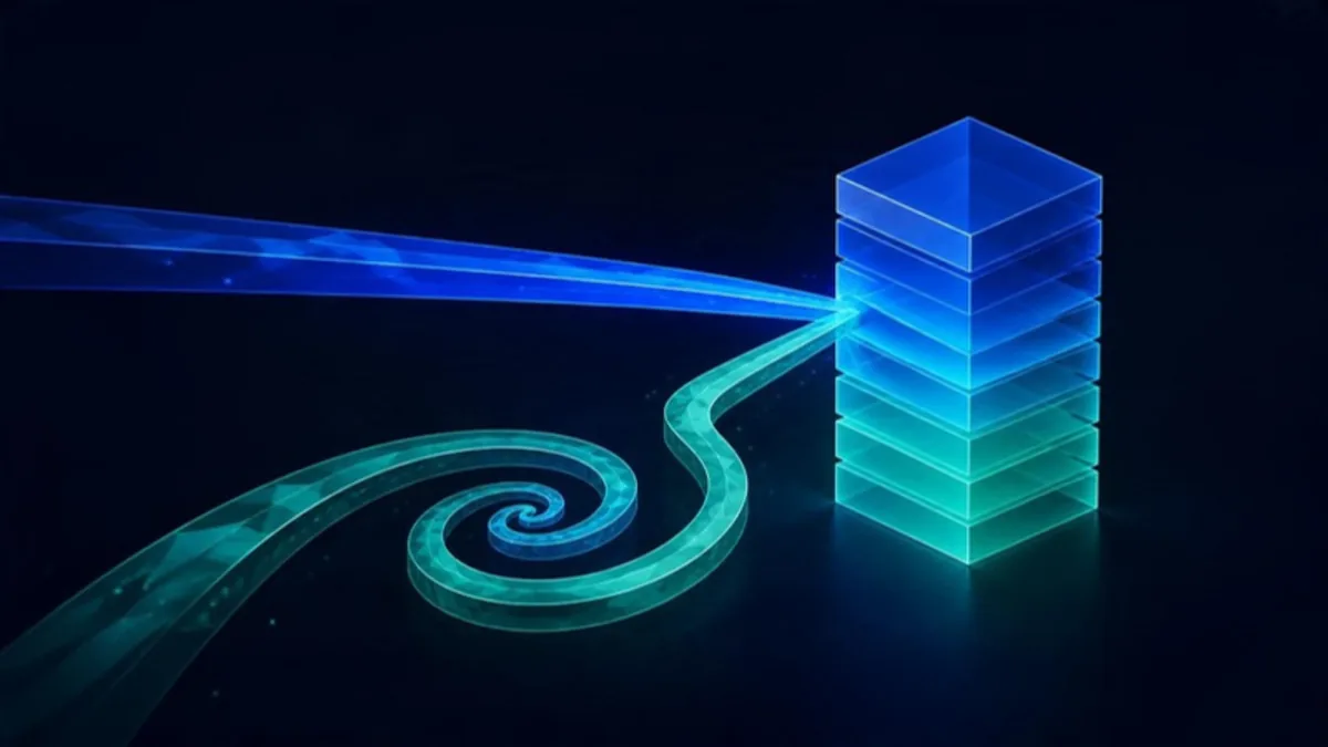 Abstract editorial illustration of two paths of early investment money converging into shares at a single priced round