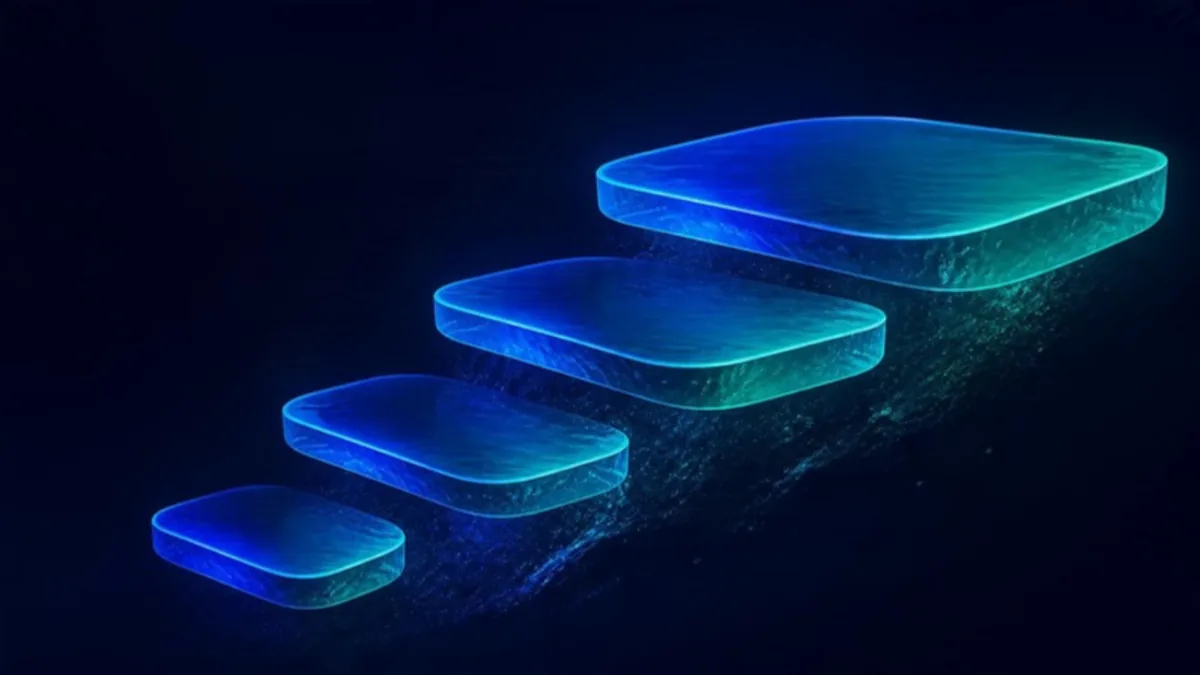 Abstract illustration of a staircase of glowing blocks rising from small to large, representing funding stages