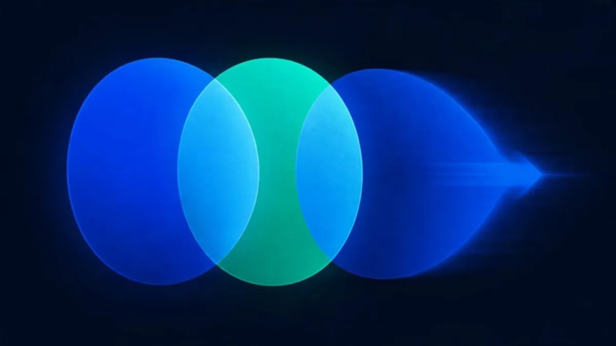 An abstract illustration of two overlapping ownership shapes shifting as a funding round adds a new layer