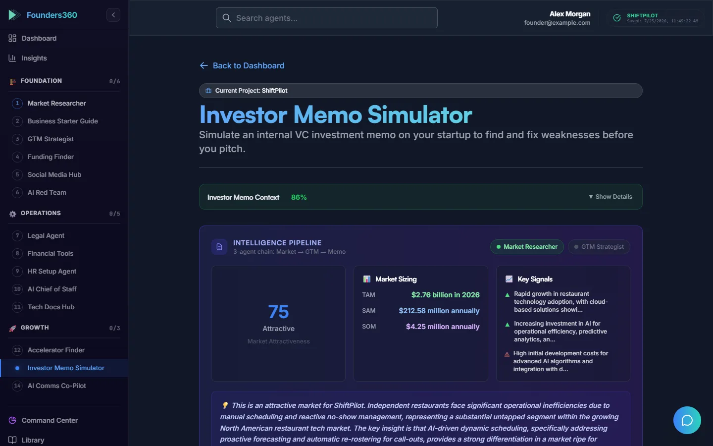 The Investor Memo Simulator, showing an analysis of an investor memo and suggestions for improvement