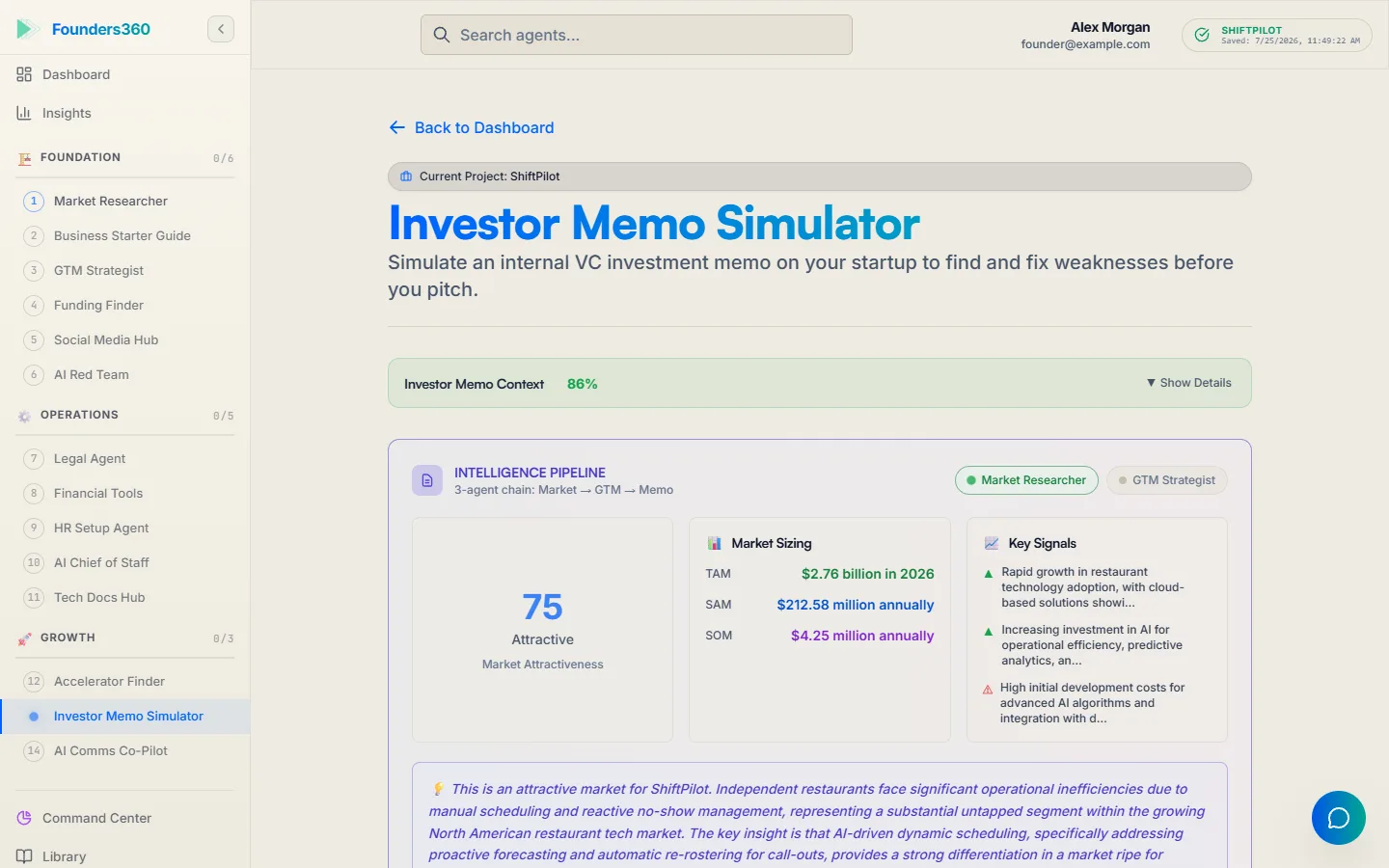 The Investor Memo Simulator, showing an analysis of an investor memo and suggestions for improvement