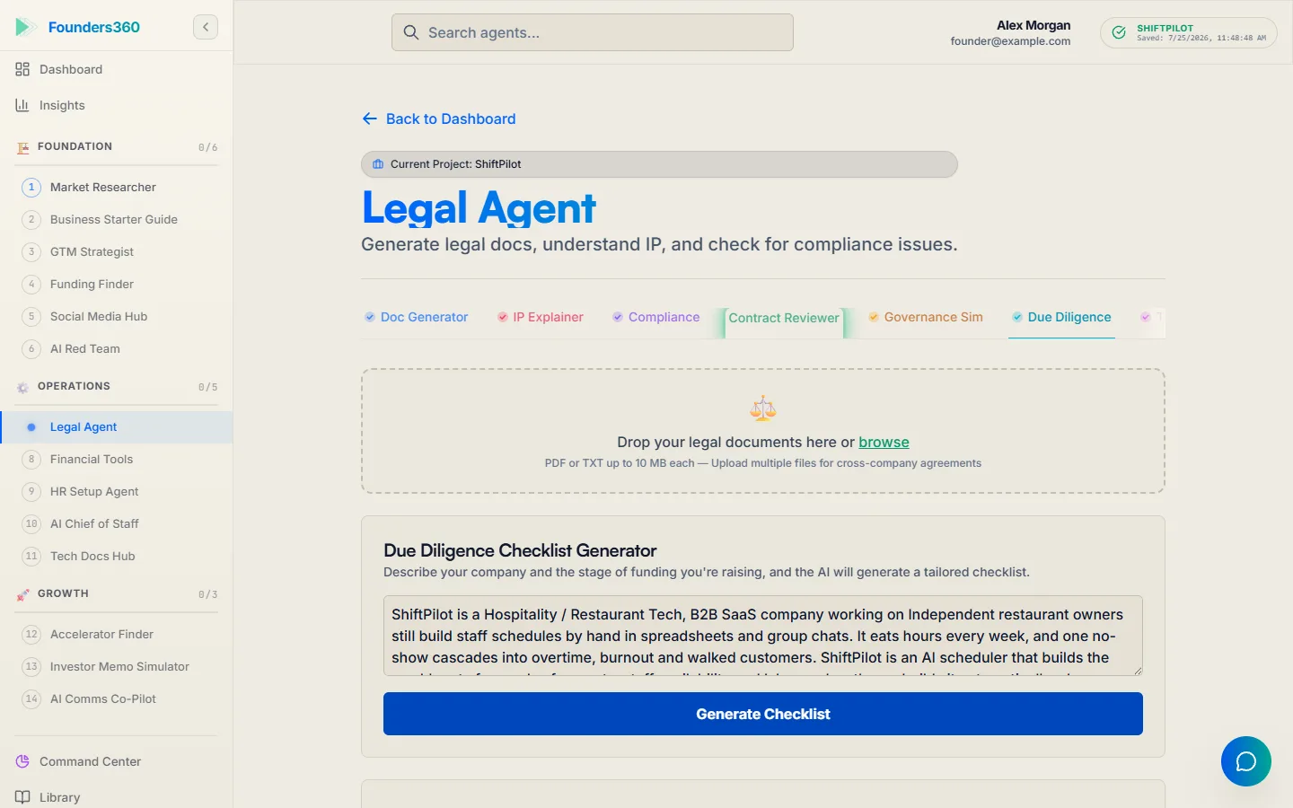 The Legal agent drafting incorporation and co-founder documents from the company profile