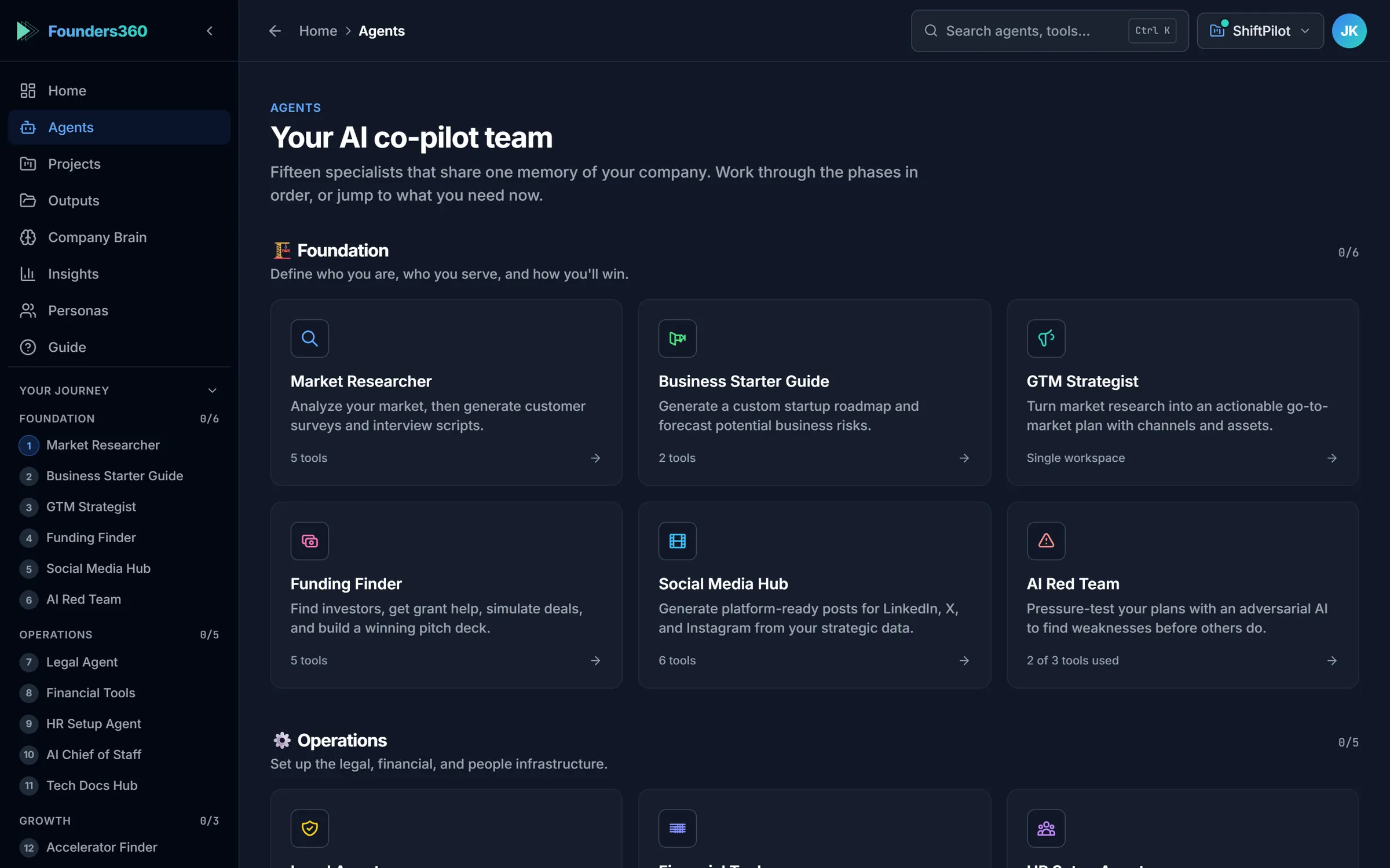 The Founders360 agents screen: sixteen specialists grouped into Foundation, Operations and Growth phases